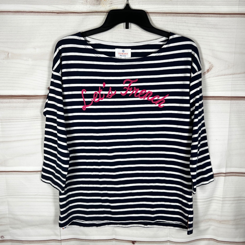Sundry Maritime Top Women 1 S Navy Striped Let's French Graphic T-Shirt Nautical